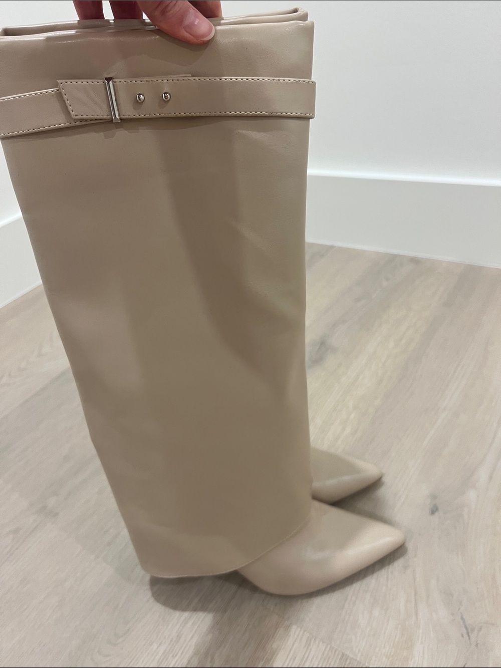 ASOS Tall Pointed-Toe Knee Boots in Beige